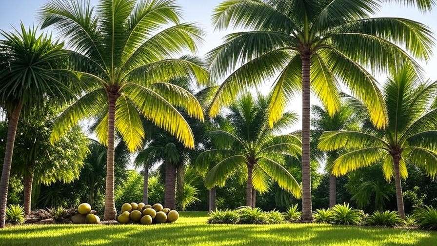 Lush green landscape with tall palm trees and a cluster of yellow balls on the grass, surrounded by vibrant tropical foliage.