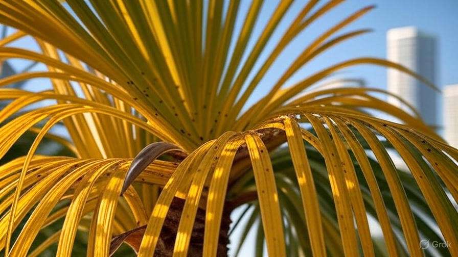Close-up of a vibrant yellow palm frond against a clear blue sky, featuring blurred city buildings in the background.