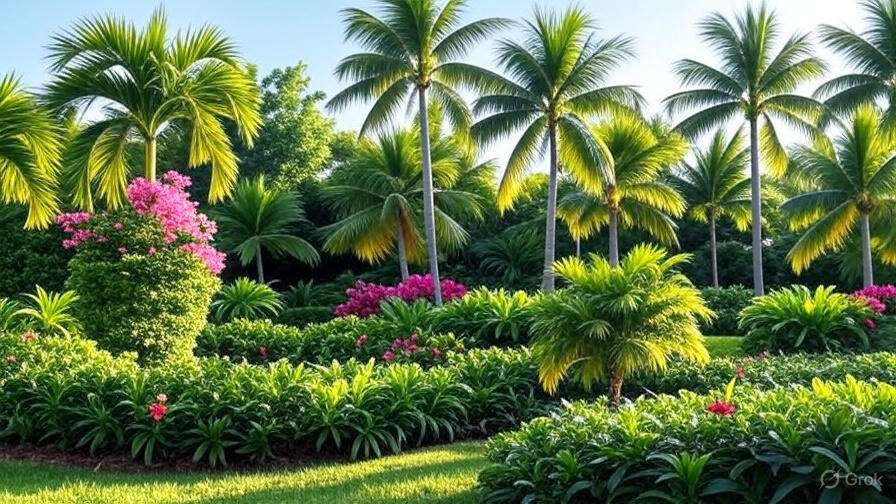 A lush garden filled with palm trees and blooming flowers, showcasing a serene and tropical atmosphere. 