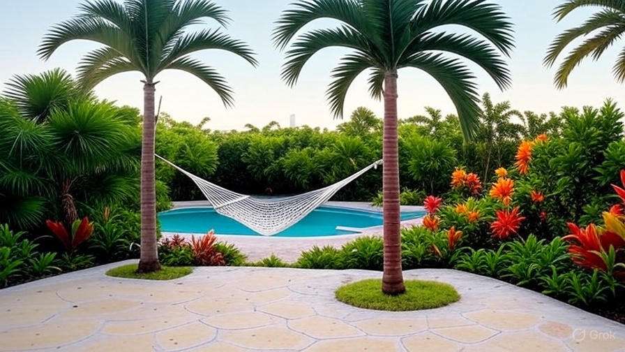 A hammock is positioned in front of a sparkling pool, inviting relaxation in a serene outdoor setting.