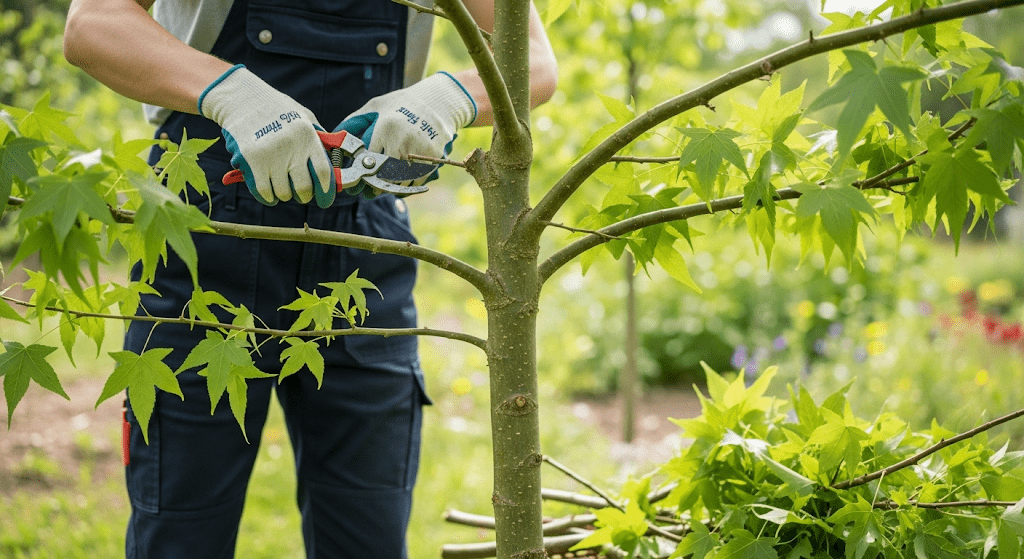 "Gardener pruning Slender Silhouette Sweetgum tree to improve health and growth."