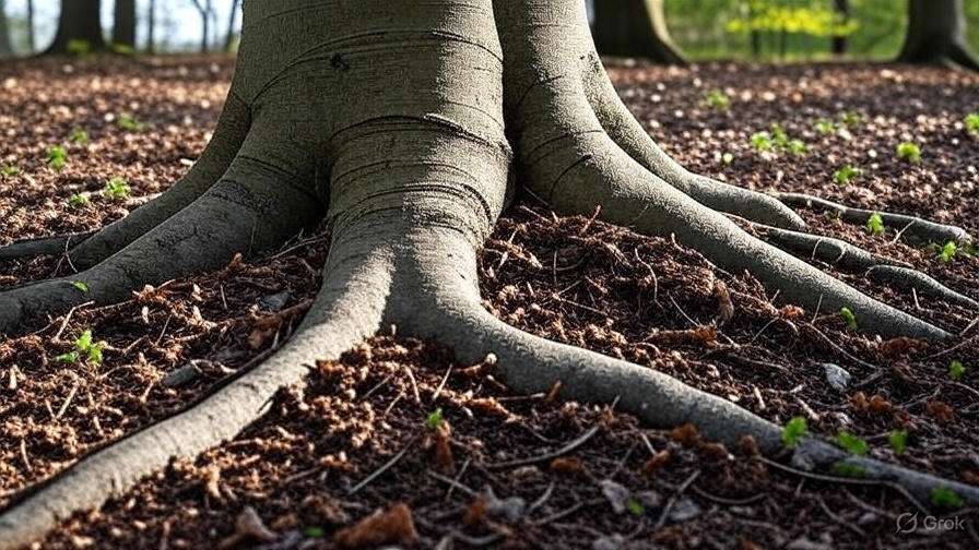 Massive tree roots extend over dark soil with scattered green sprouts, bathed in warm sunlight. The scene conveys stability and growth in a serene forest setting.