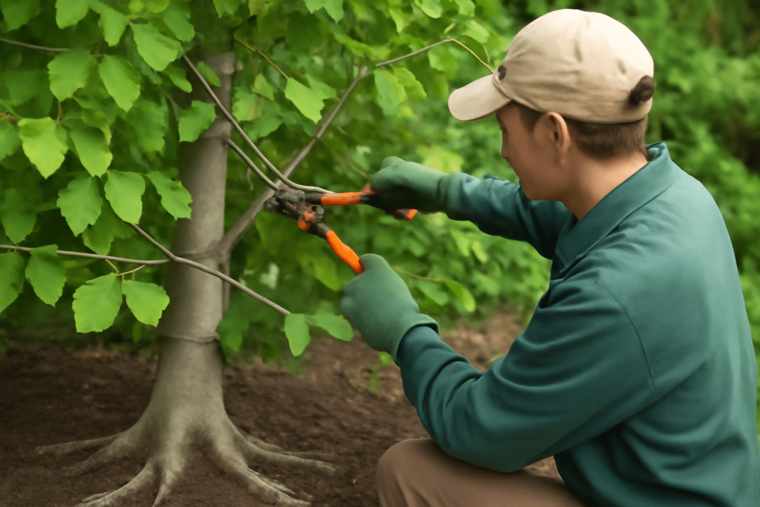 Man in a green jacket and cap using pruning shears to cut branches of a tree in a lush garden. The scene is calm, focused on gardening.
