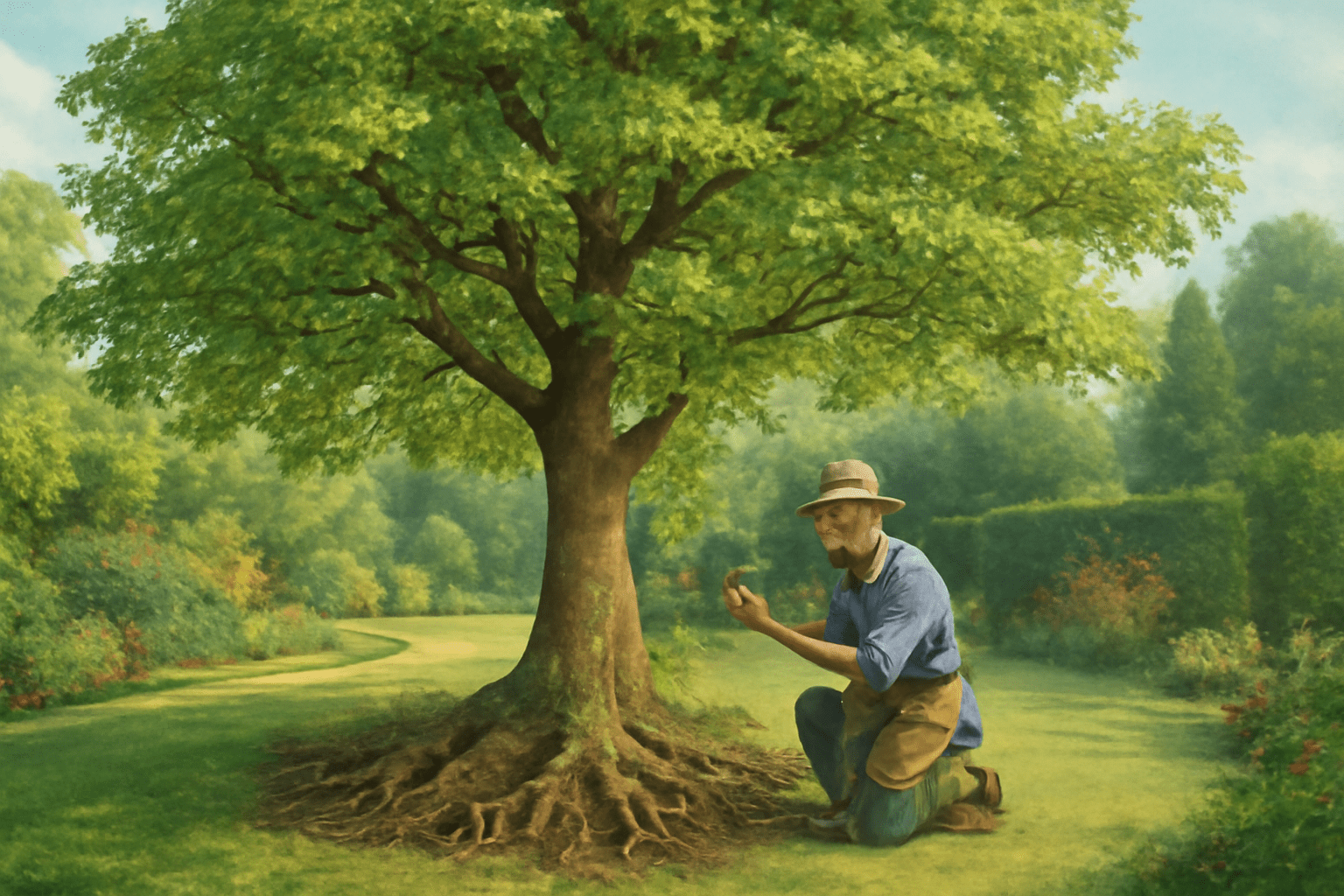 A man wearing a hat and apron kneels on grass, smiling at a small plant in his hand. He is beside a large tree in a lush, green garden setting.