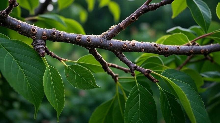 Cherry tree branch with borer holes and sap from pest damage