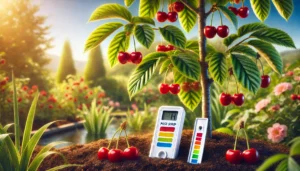 A cherry tree with ripe cherries and two pest strips in a vibrant garden, showcasing lush greenery and blooming flowers.