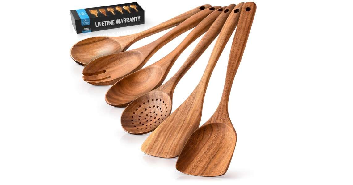  Zulay Kitchen 6-Piece Wooden Cooking Spoons Set – Heat-Resistant, Smooth Teak Utensils with Comfort Grip – Lightweight & Durable – Easy to Clean