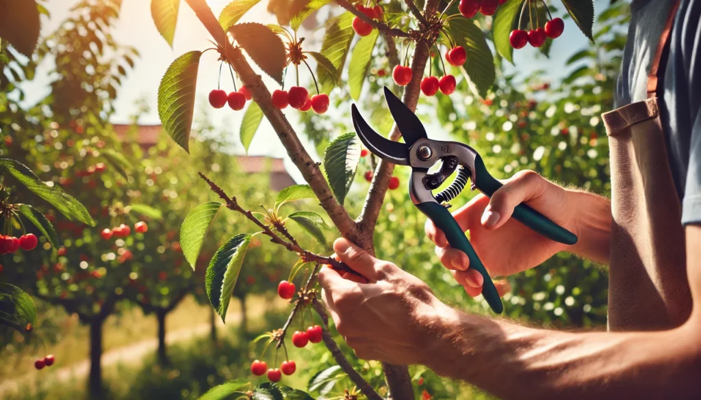 A gardener using pruning shears to trim a cherry tree branch, with vibrant red cherries and green leaves in a sunlit orchard.