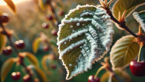 A close-up of a leaf covered in white, fluffy frost, with cherry fruits and blurred green foliage in the background.