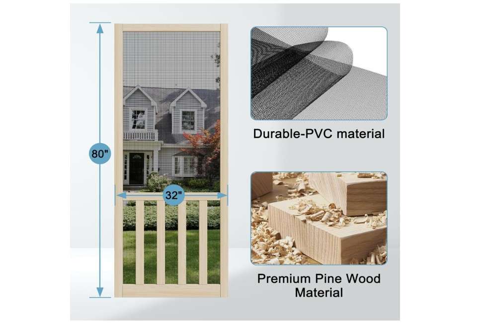  Front Wooden Screen Door for Swing Doors，32x80 Inch Solid Pine French Style with Universal Hinged Gauze Mesh Screen Door for Exterior/Interior，Pre-Assembled...