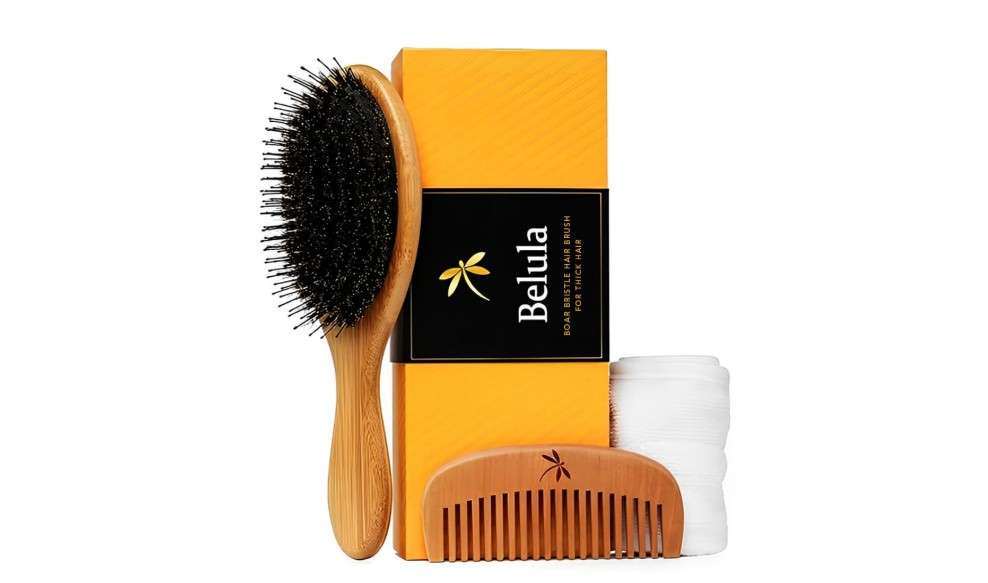 premium Boar Bristle Hair Brush for Thick Hair Set. Hairbrush for Women With Thick, Long or Curly Hair. Restores Hair's Shine and Health. Comb, Travel Bag & Spa Headband Included