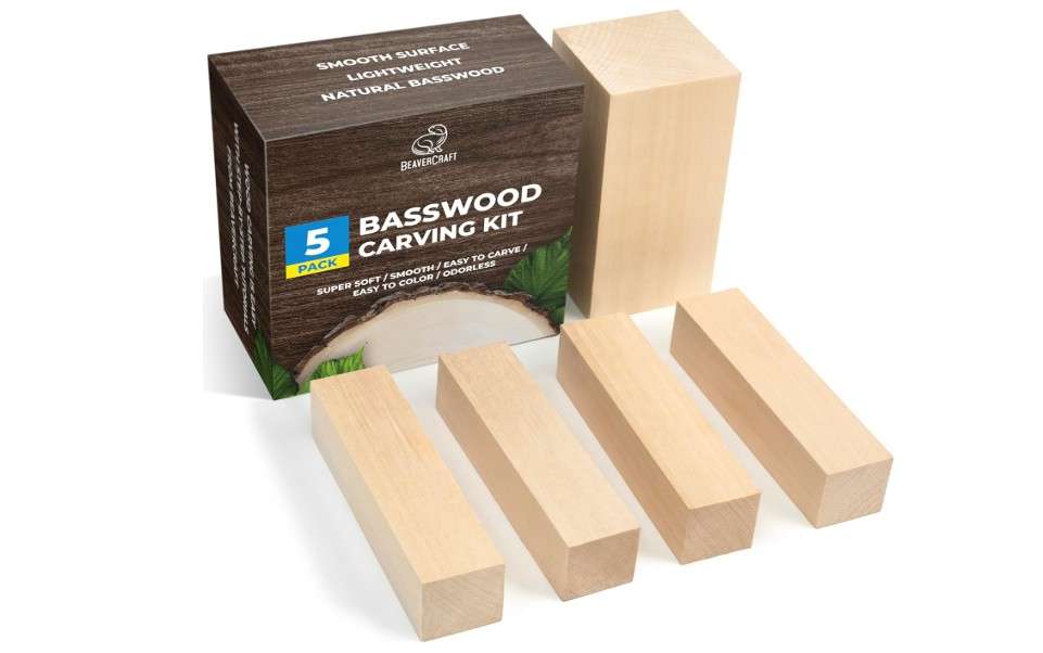  BeaverCraft Basswood Carving Blocks 5PCS Whittling Wood for Carving - Large, Small Wooden Blocks for Crafts, Unfinished Wood
