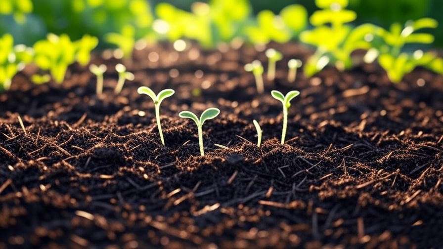 Close-up of blue watermelon seedlings sprouting in prepared garden soil with compost and mulch." 