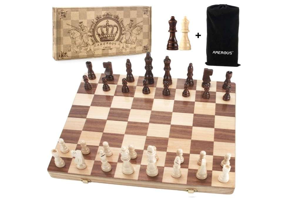 Amerous 15" x 15" Magnetic Wooden Chess Set, Folding Travel Chess Board with 2 Extra Queens / Pieces Storage Slots / Carry Bag , Handmade Large... 