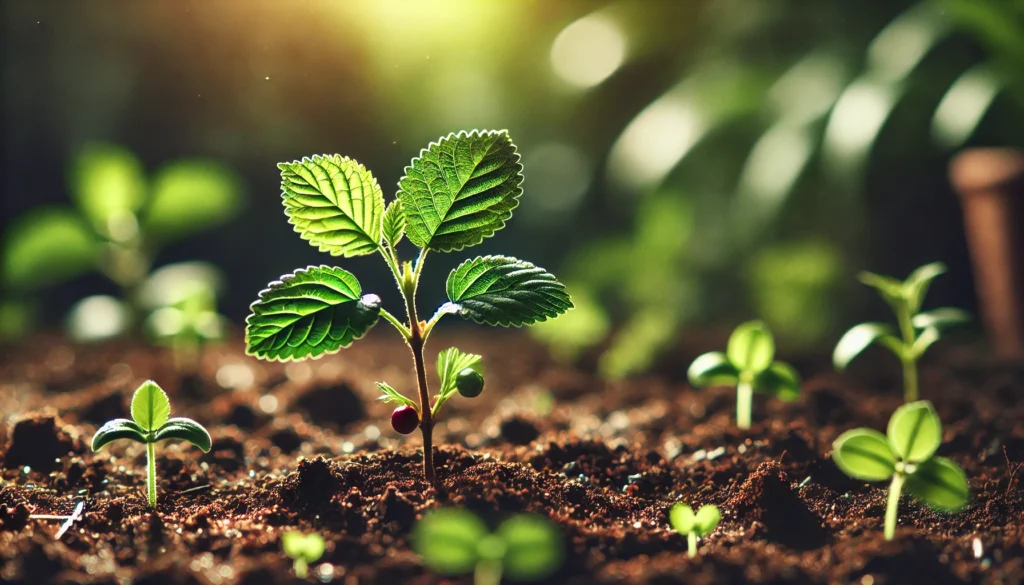 A young plant with vibrant green leaves stands amidst rich soil, surrounded by smaller sprouts, illuminated by soft sunlight.