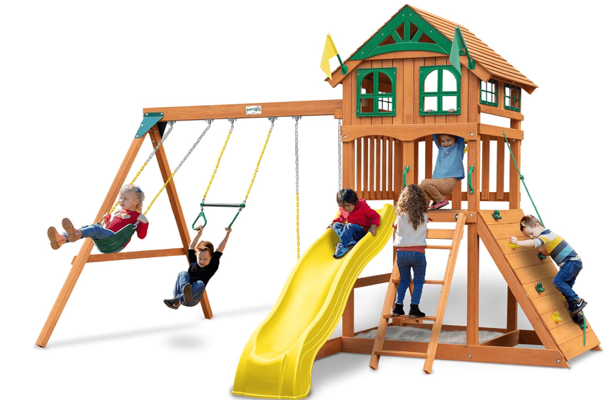  Gorilla Playsets 01-1063-Y Outing Wood Swing Set with Wood Roof & Yellow Slide, Amber