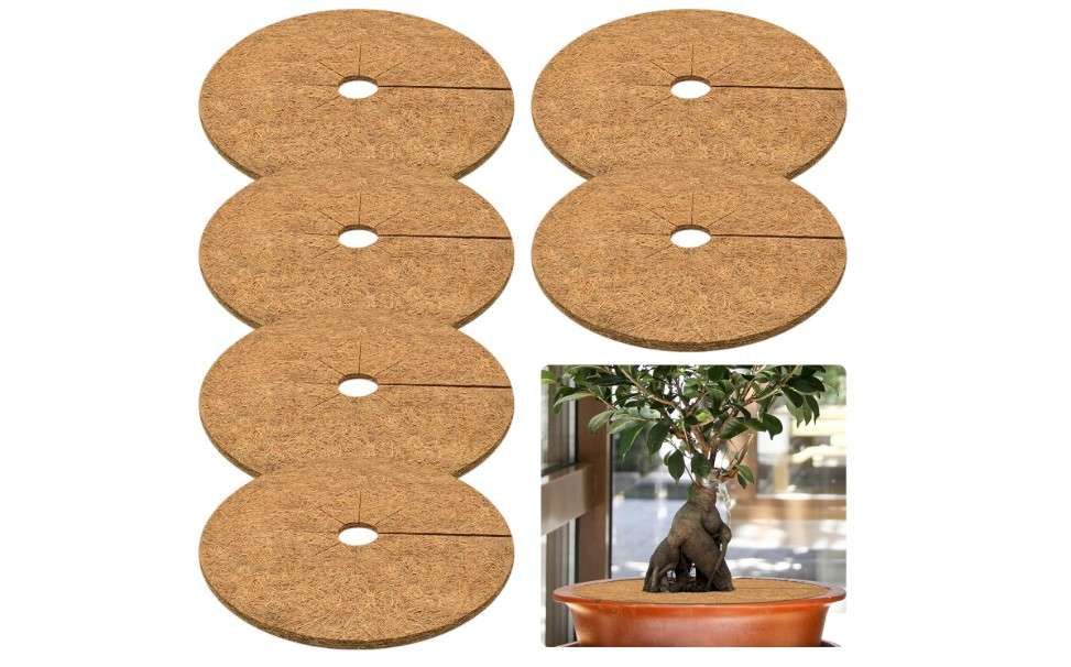  ZeeDix 6 Pack 24 Inch Coconut Fiber Mulch Ring, Coco Coir Tree Ring Mulch Mat, 100% Natural Tree Protector Mat Plant Cover Ring Coconut Coir Discs Tree Mats.