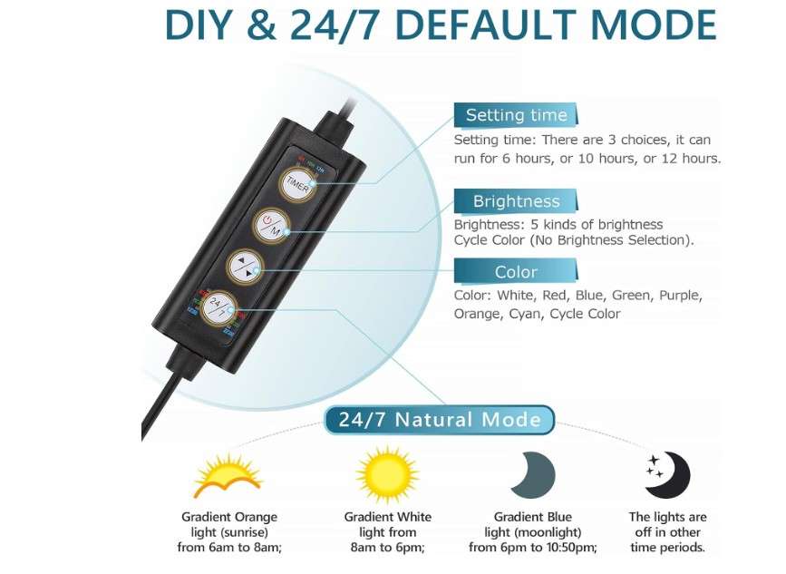 
hygger Clip On 24/7 Lighting Aquarium LED Light, 14W Sunrise-Daylight-Moonlight and DIY Mode, Adjustable Timer / Brightness Fish Tank Light with 7 Colors