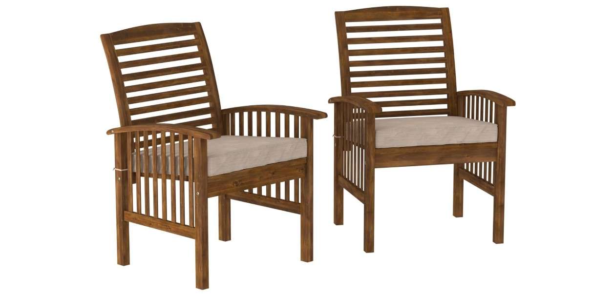 Walker Edison Rendezvous Modern 2 Piece Solid Acacia Wood Slat Back Outdoor Dining Chairs, Set of 2, Dark Brown