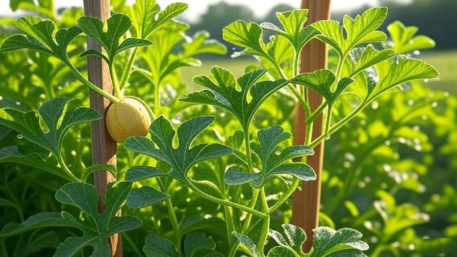 Golden watermelon plant with fruit on trellis in a sunlit garden" 