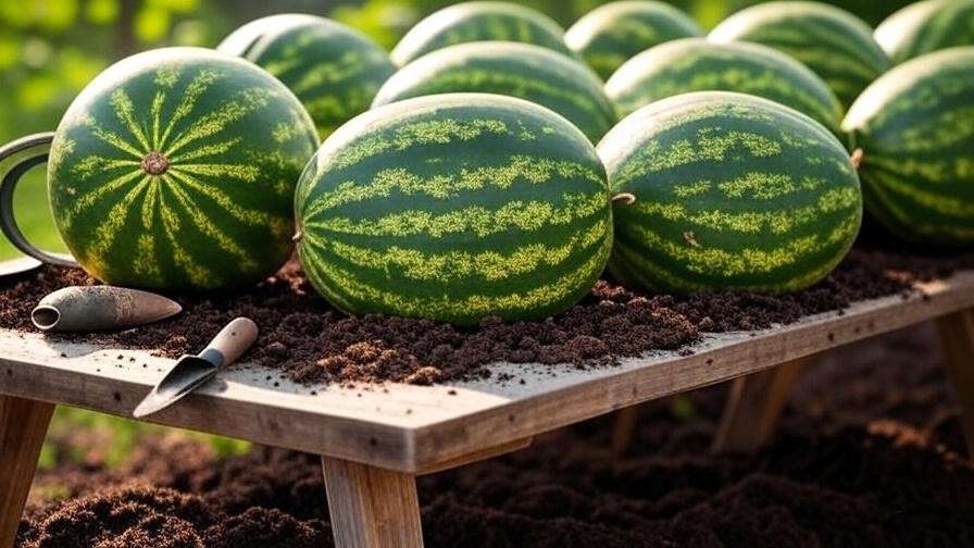 Close-up of large watermelon varieties Carolina Cross, Black Diamond, and Crimson Sweet on a garden table with soil and tools." 