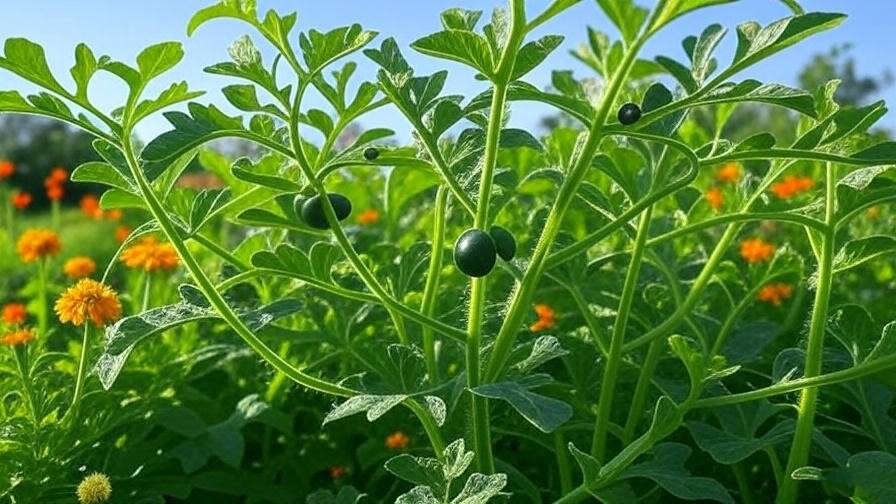 Healthy seedless black watermelon vines in a prepared garden with pollinator plants under sunlight"