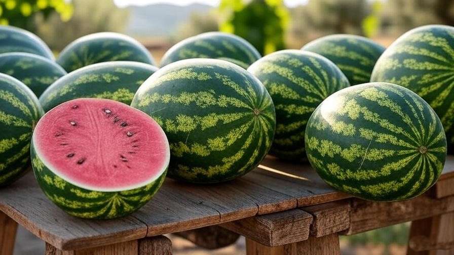 "Close-up of Italian watermelon varieties like Crimson Sweet and Sugar Baby in a Mediterranean garden." 