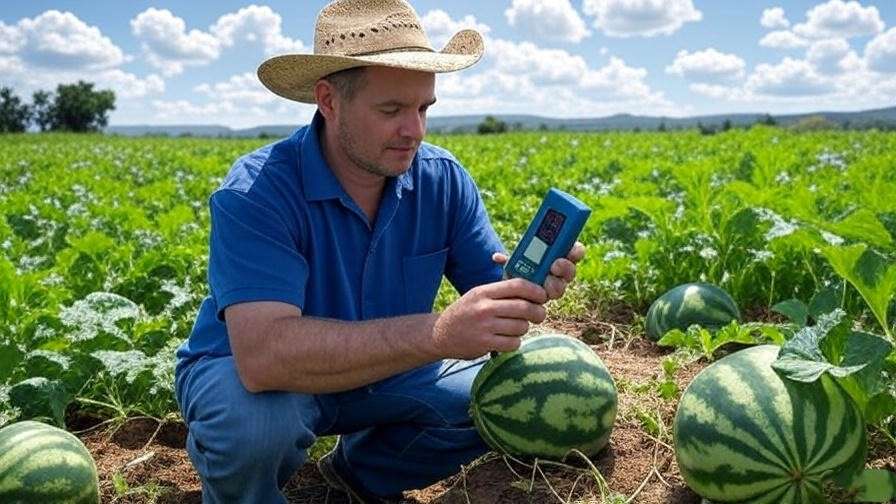 "Farmer testing soil pH with a digital meter in a watermelon field." 