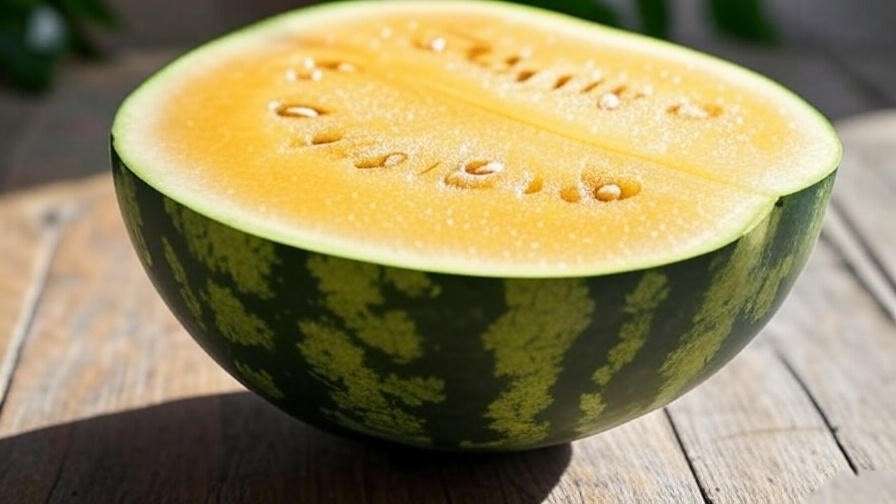 Close-up of a halved seedless yellow watermelon showing golden flesh and crisp texture