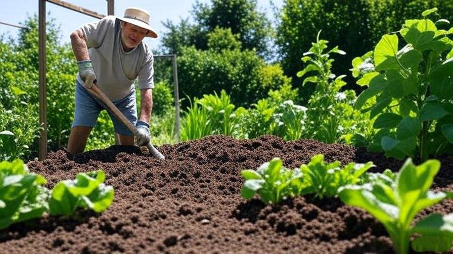 "Gardener preparing nutrient-rich soil with compost in a sunny garden bed with a trellis.