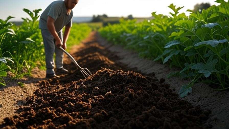 Gardener preparing sandy loam soil with compost for Italian watermelon planting
