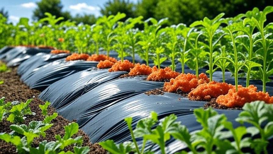 "Orange watermelon seedlings in raised mounds with black mulch under sunlight