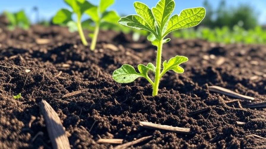 "Seedling of a seedless yellow watermelon in loamy soil with compost and mulch in a sunny garden