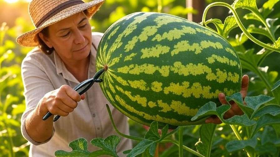Gardener harvesting ripe golden watermelon with shears