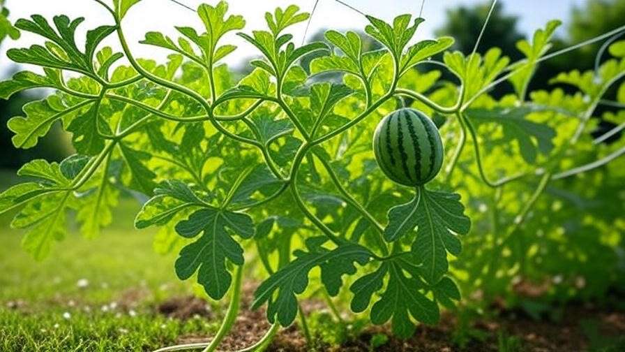 Watermelon plant with vines supported by slings and a developing large fruit in a lush backyard.