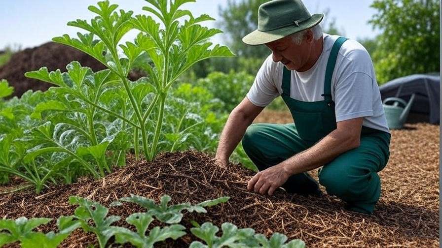 "Gardener applying mulch to watermelon plants for pH stability." 