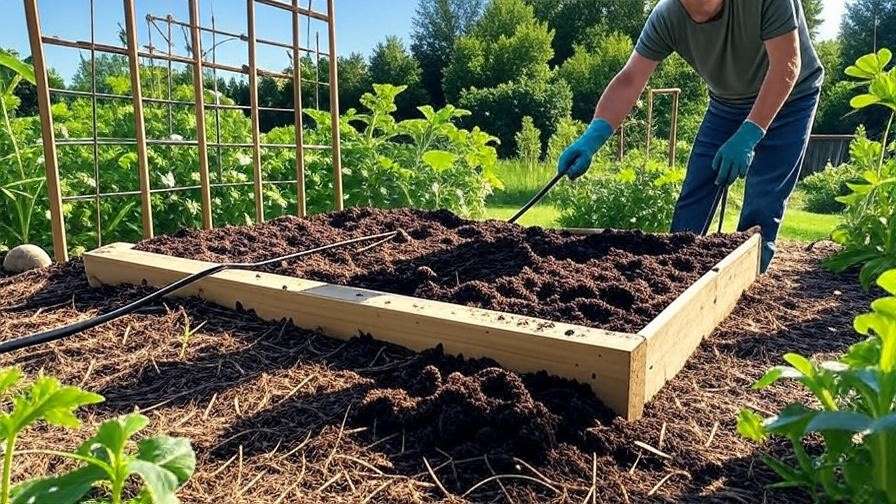 "Prepared garden bed with compost and trellises for seedless watermelon plants." 