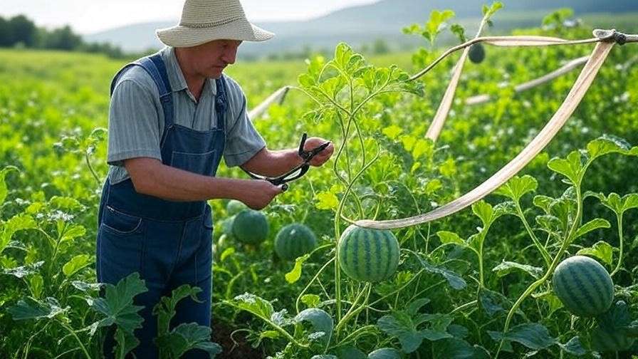  "Gardener pruning watermelon vines with slings for Hermiston Oregon watermelon care." 