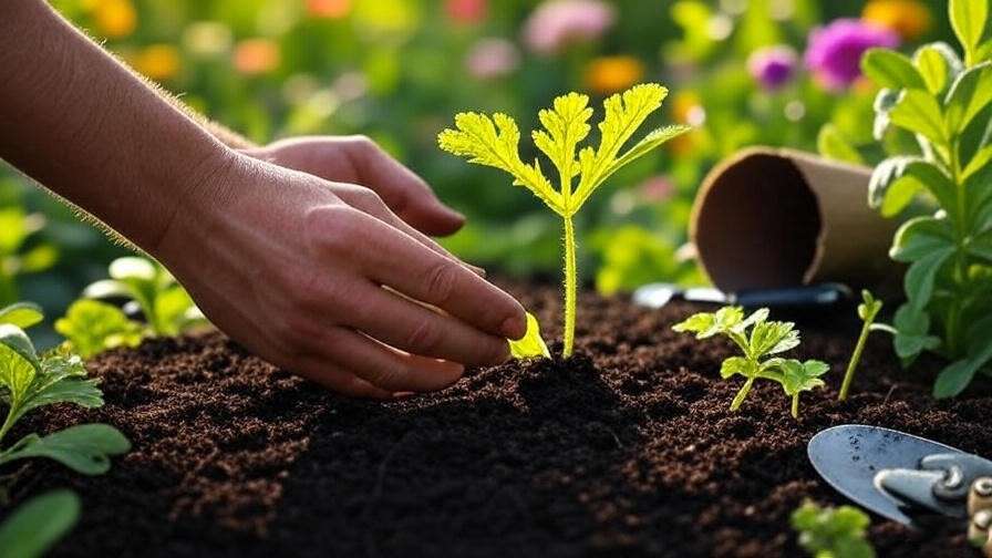 Gardener transplanting a seedless yellow watermelon seedling into soil with tools and peat pot.