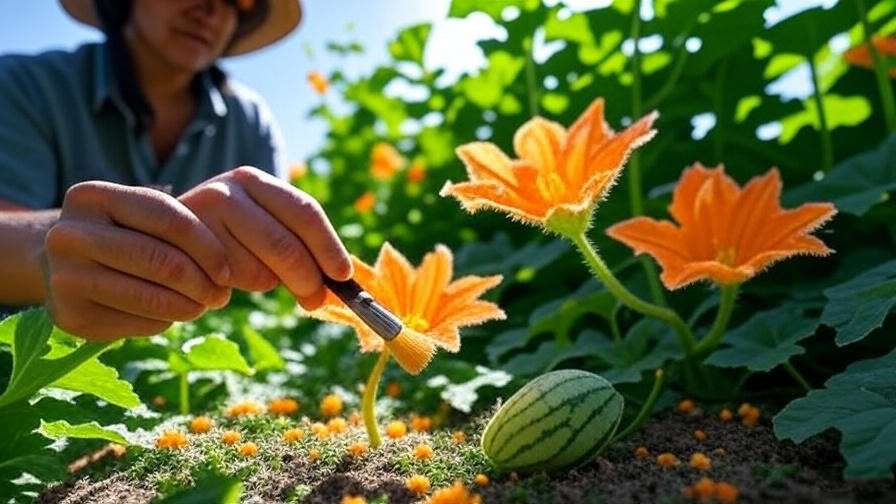 "Hand-pollinating orange watermelon flowers with a brush in a garden