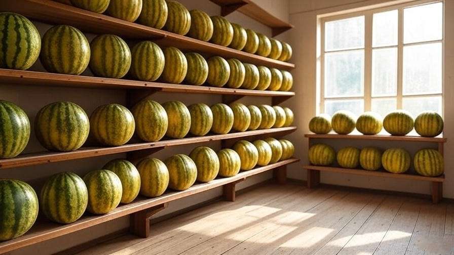 Golden watermelons stored on shelves in a cool dry room