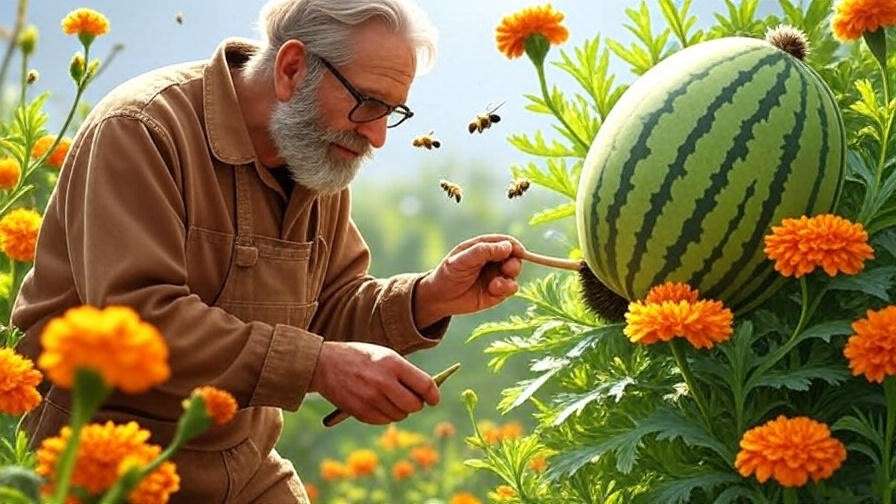 Gardener hand-pollinating a watermelon flower with bees and marigolds in the background.