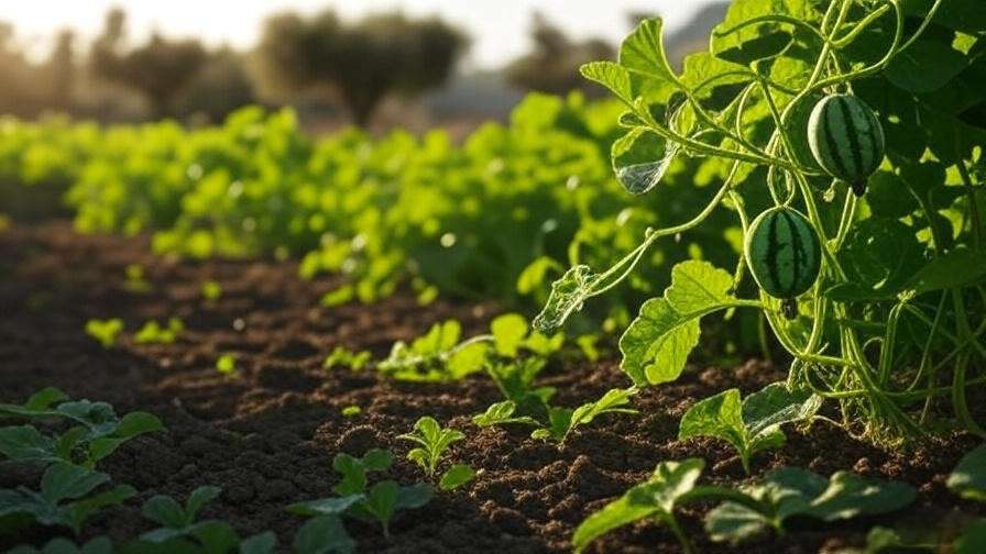 "Drip irrigation system watering Italian watermelon plants in a sunny garden."