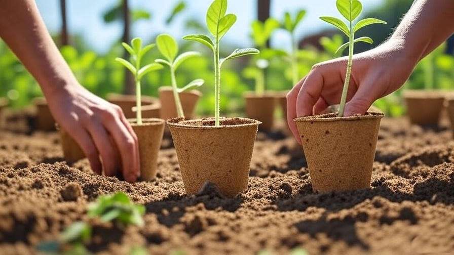 "Hands planting seedless watermelon seedlings in a garden with biodegradable pots." 