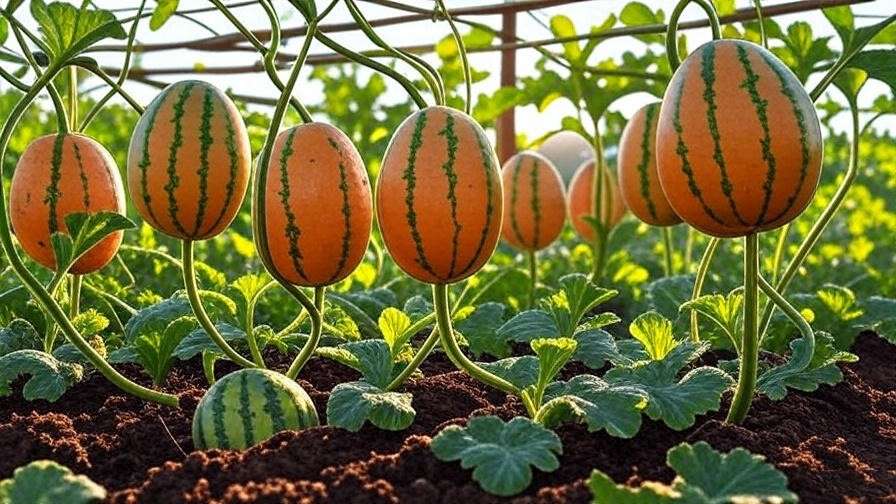 Orange watermelon fruits supported by netting on trellised vines