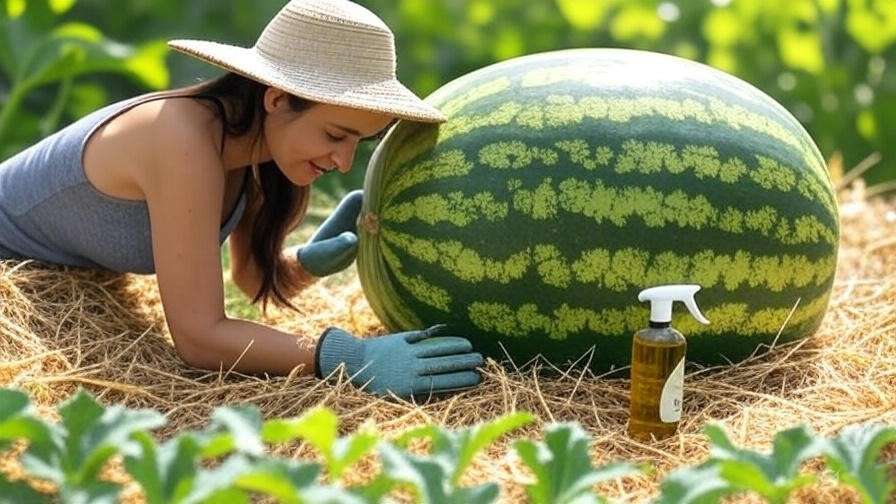 Gardener inspecting a large watermelon on straw with neem oil spray for pest control