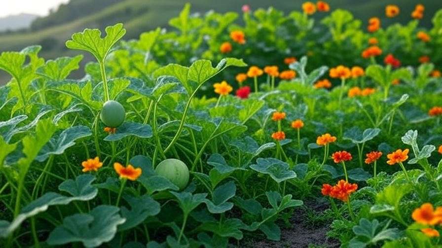 "Italian watermelon plants with marigolds and nasturtiums for natural pest control." 