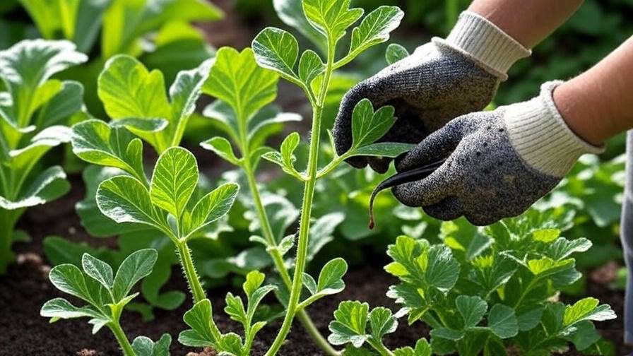 "Seedless watermelon plant with pest damage and organic neem oil treatment in the garden."