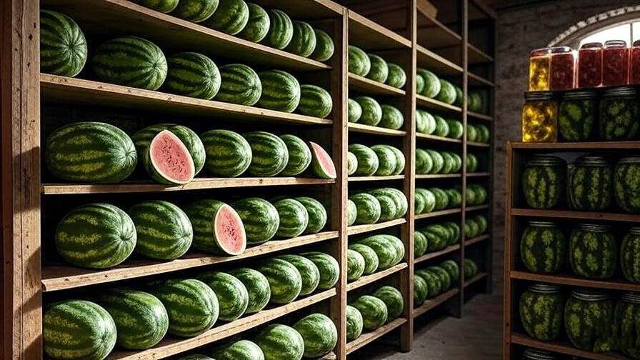 : "Stored Hermiston Oregon watermelons and pickled rind in a cool room. 
