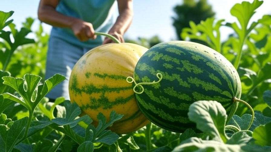 Gardener harvesting ripe orange watermelon with yellow belly